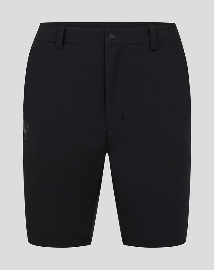 Black golf shorts with belt loops and front button, featuring a small crest on the left leg.