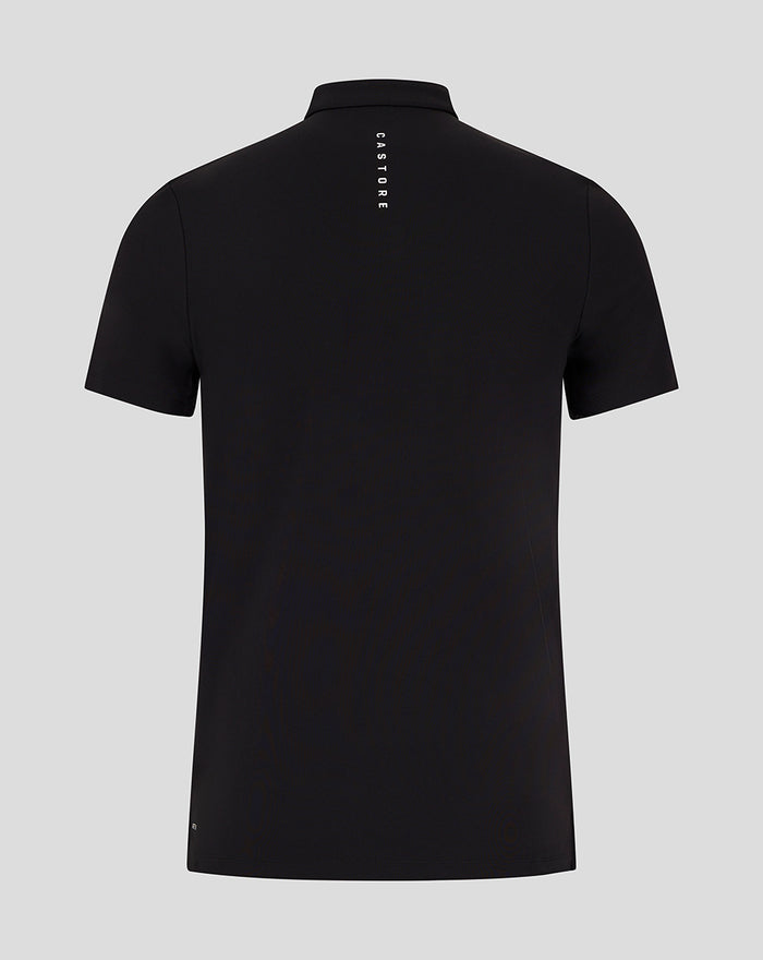 Back view of black Club Essential SS Polo showing vertical CASTORE branding along upper back