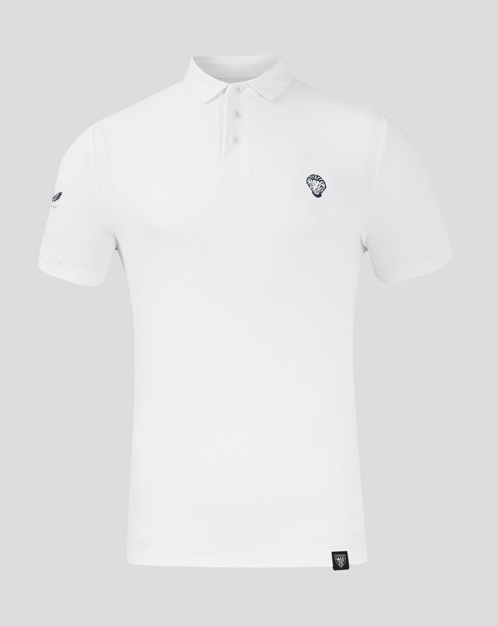 White athletic polo with collar buttons and small crest on the chest and a hem tag