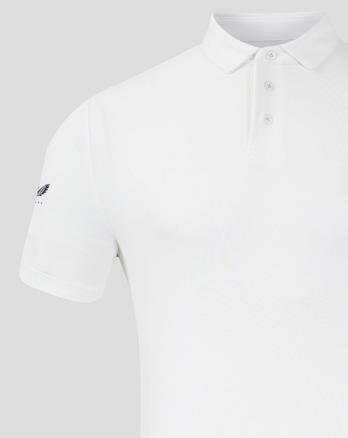 White athletic polo with collar and three-button placket featuring Castore logo on left chest
