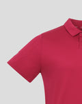 Close-up of red Pinnacle Engineered Knit Polo shoulder and collar showing a textured knit pattern.