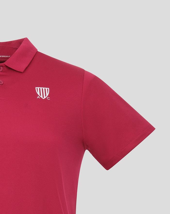 White logo on the left chest of a red Pinnacle Engineered Knit Polo.