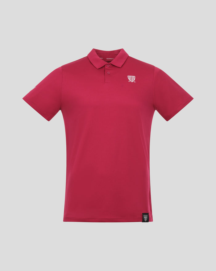 Red polo shirt with collar and crest logo on the left chest