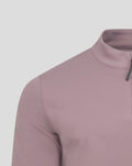 Front close up of mauve CLUB CLASSIC 1/4 ZIP showing a partial zipper and white logo on the chest