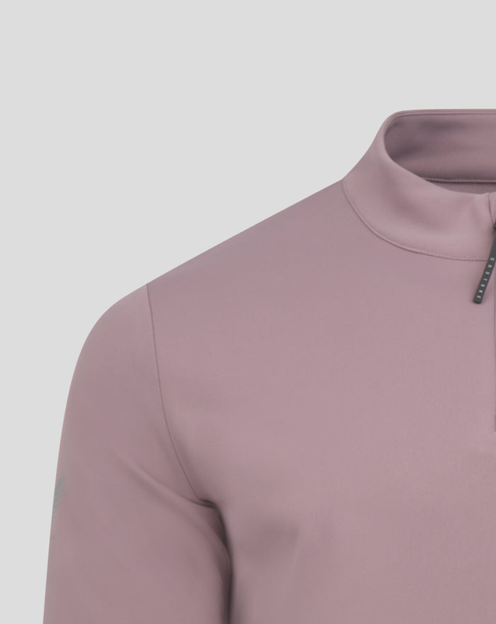 Front close up of mauve CLUB CLASSIC 1/4 ZIP showing a partial zipper and white logo on the chest