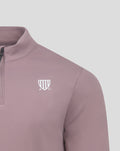 Close up of mauve CLUB CLASSIC 1/4 ZIP chest logo and collar