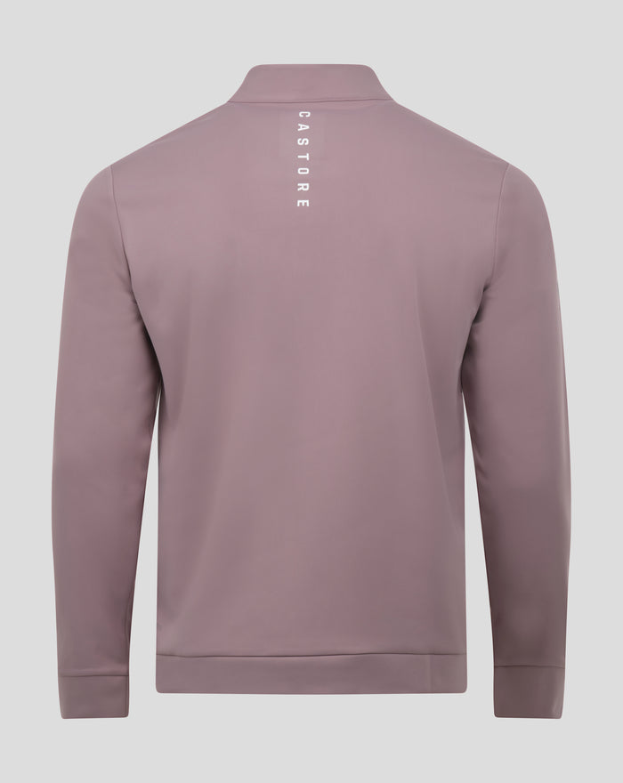 Back view of mauve CLUB CLASSIC 1/4 ZIP with vertical CASTORE lettering down the center
