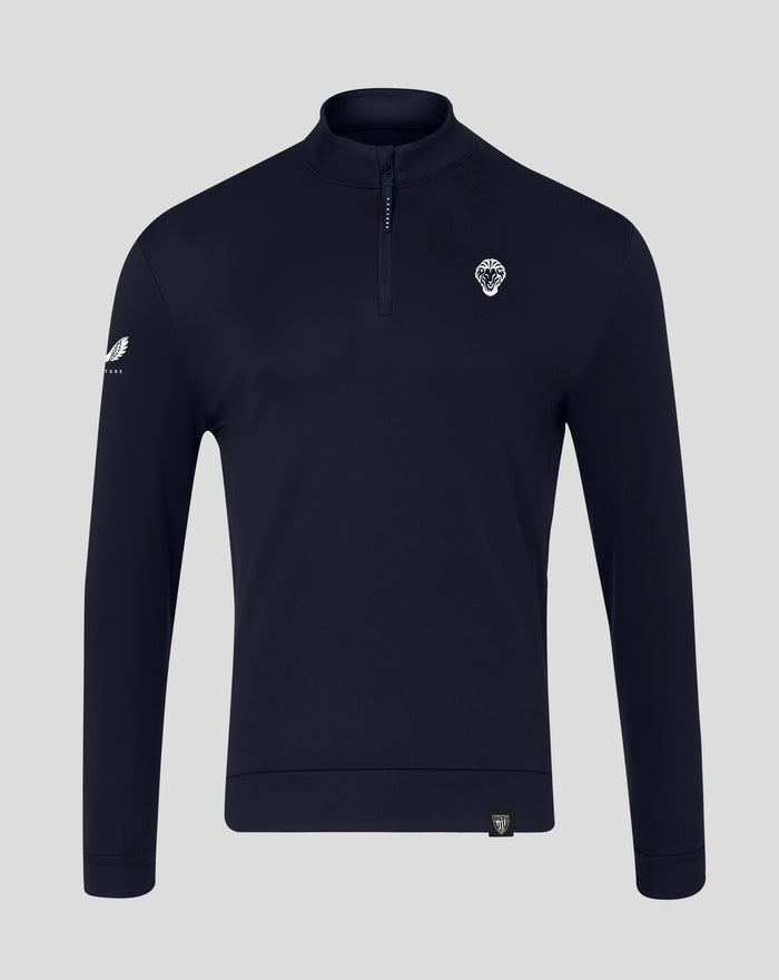 Navy athletic club classic quarter zip golf top with stand collar and left chest Castore logo.