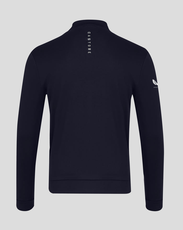 Back view of navy quarter zip top with vertical CASTORE branding along the spine and a crest on the sleeve.