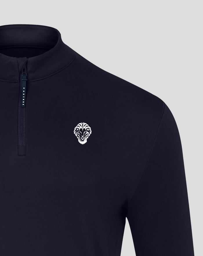 Navy quarter zip top with a white lion crest logo on the left chest