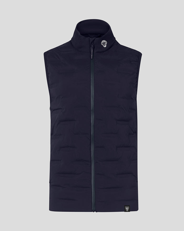 Navy sleeveless padded gilet with stand collar and front zip and crest badge at collar