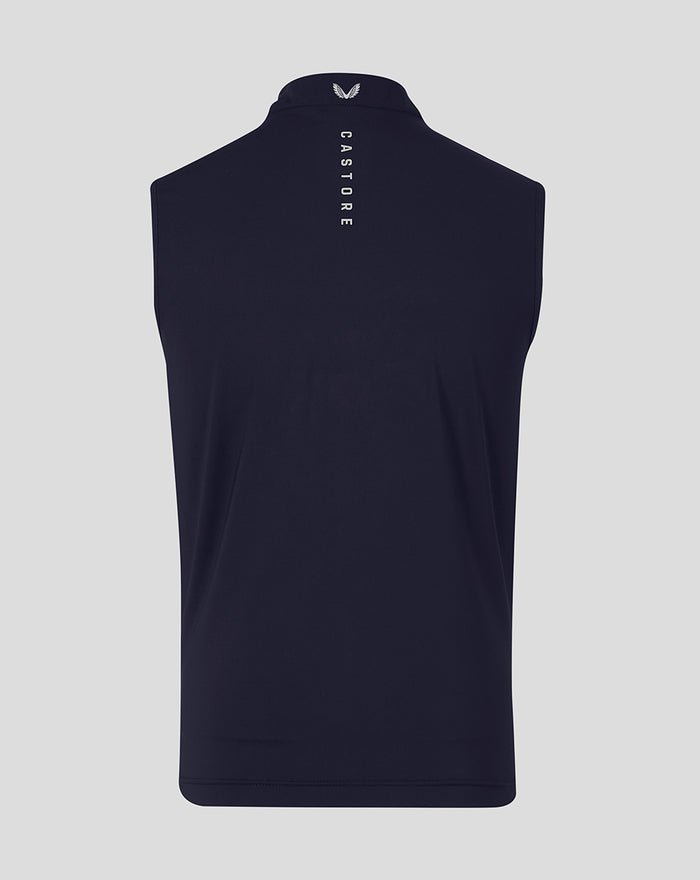 Navy sleeveless gilet shown from rear with vertical CASTORE branding along the spine and a small collar logo.