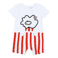 White baby romper with red striped lower section and a bold black outlined graphic on the chest