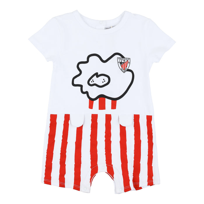 White baby romper with red striped lower section and a bold black outlined graphic on the chest