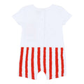 White baby romper with bold red vertical stripes at the bottom and back button closure