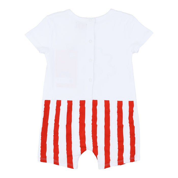 White baby romper with bold red vertical stripes at the bottom and back button closure