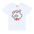 White children's T shirt with Athletic Club crest and a bold black outlined abstract blob with red stripes.