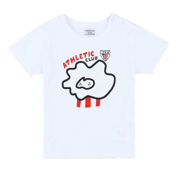 White children's T shirt with Athletic Club crest and a bold black outlined abstract blob with red stripes.