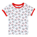 White children's T shirt with red trim on neck and sleeves and a repeating black outlined cloud pattern