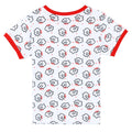 Back view of white T shirt with black outlined cloud shapes and red striped accents, red neckline and cuffs.