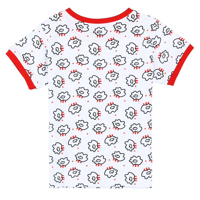Back view of white T shirt with black outlined cloud shapes and red striped accents, red neckline and cuffs.