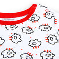 Close-up of red crew neck and inner label on white tee with ATHLETIC CLUB visible.