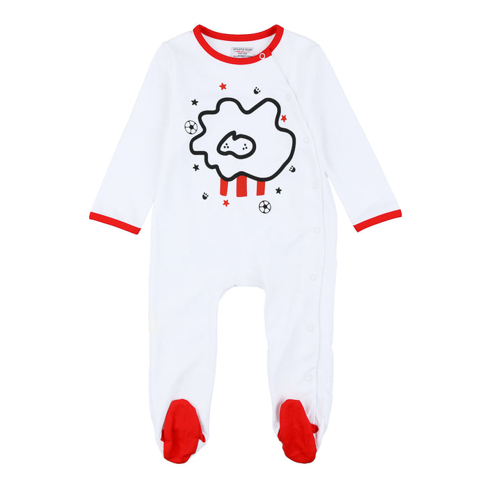 Pelele blanco para bebé con cuello y pies rojos y un diseño gráfico negro en el torso