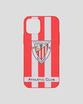 Red iPhone case with white vertical stripes and Athletic Club Bilbao crest.