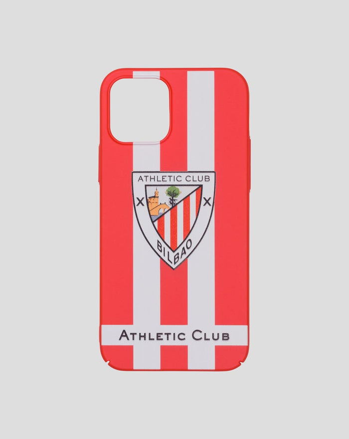 Red iPhone case with white vertical stripes and Athletic Club Bilbao crest.