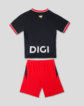 Back view of away infant kit featuring black jersey with red trim and crest at upper back paired with red shorts