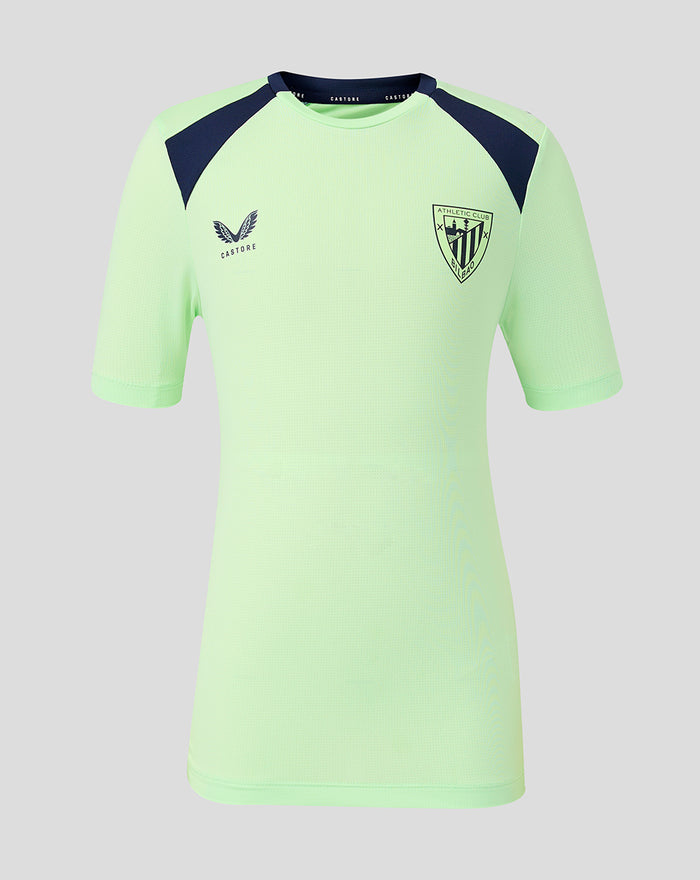 Front view of lime green youth performance short sleeve tee with navy shoulder panels and crest.