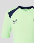Neon green performance short sleeve tee with navy shoulder panels and a winged Castore logo on the chest