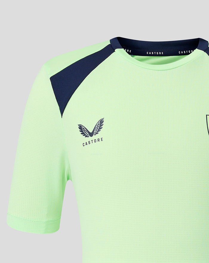 Neon green performance short sleeve tee with navy shoulder panels and a winged Castore logo on the chest