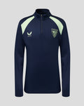 Front view of navy junior performance midlayer pullover with mint shoulder panels and a chest crest.