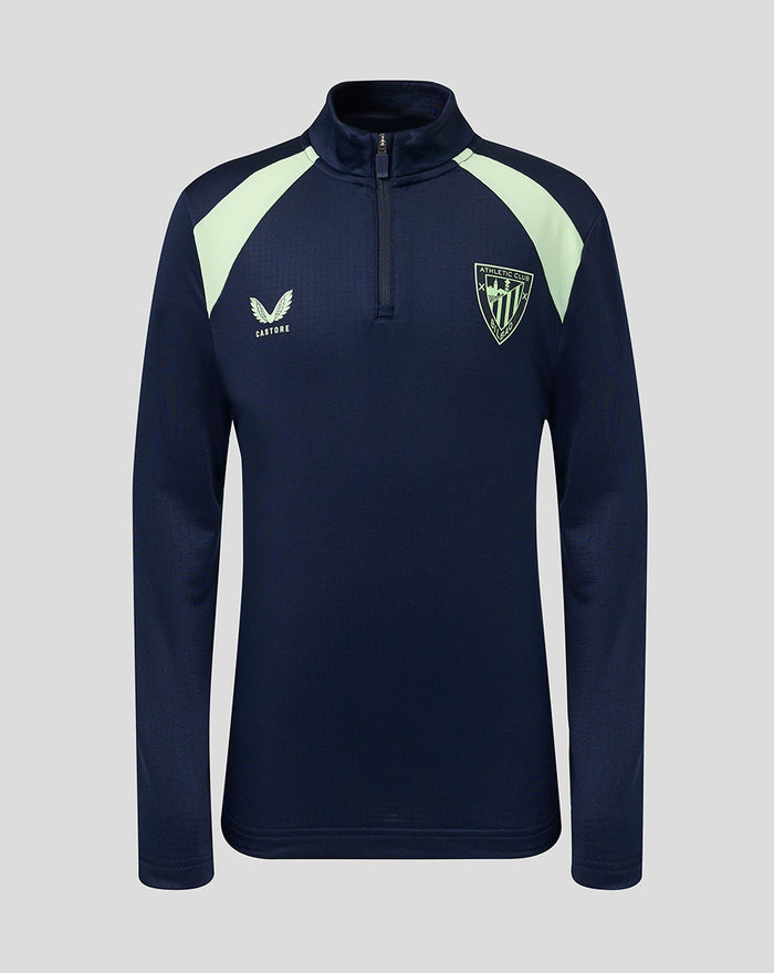 Front view of navy junior performance midlayer pullover with mint shoulder panels and a chest crest.