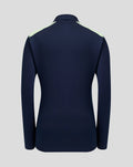 Back view of navy performance midlayer junior top with light lime shoulder panels.