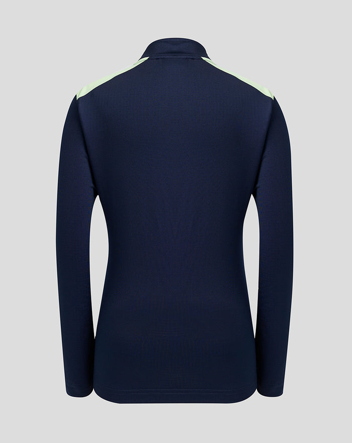 Back view of navy performance midlayer junior top with light lime shoulder panels.