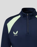 Close-up of navy performance midlayer with half zip collar lime shoulder panel and crest logo on chest.