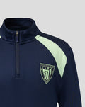 Close-up of navy midlayer collar with neon shoulder panel and zip opening.