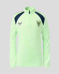 Front view of a neon green junior performance midlayer top with navy shoulder panels and shield crest