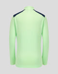 Back view of neon green junior performance midlayer top with dark navy shoulder panels.