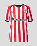 Front view of junior Home shirt with red and white vertical stripes, club crest on chest and Kutxabank sponsor