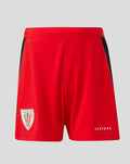 Back view of red junior shorts with a team shield badge on the left leg and CASTORE branding on the right hem
