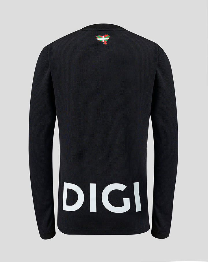 Back view of a black junior home goalkeeper jersey with a Basque flag at the neck and DIGI printed across the lower back.