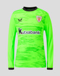 Front view of neon green junior goalkeeper long sleeve shirt with club crest on left chest and Kutxabank sponsor