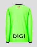 Back view of neon green away goalkeeper long sleeve shirt with black collar and DIGI logo across the lower back, crest at the upper back.