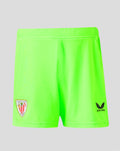 Neon green goalkeeper shorts with a crest on the left leg and the Castore logo on the right