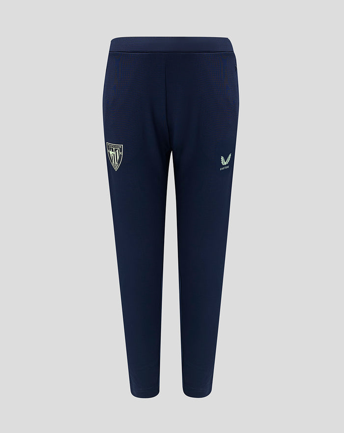 Front view of navy performance pants with Athletic Club Bilbao crest on the left leg and a mint logo on the right leg