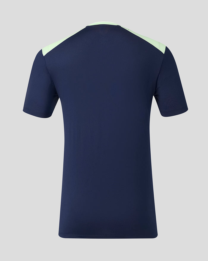 Back view of navy performance short sleeve tee with mint shoulder panels
