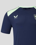 Close up of navy performance tee showing Castore logo and club crest on the chest with mint shoulder accents